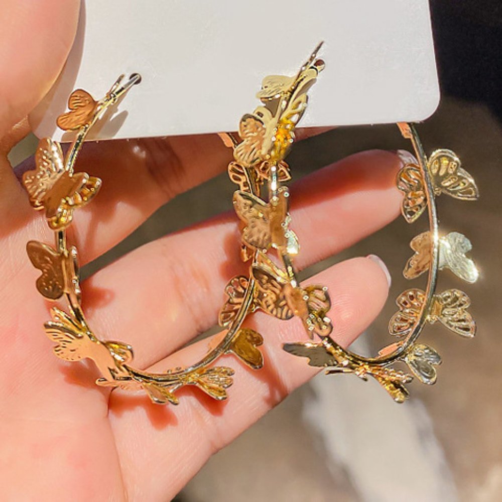 NEW 1.75'' Gold Multi Butterfly Hoop Earrings - Picture 3 of 6